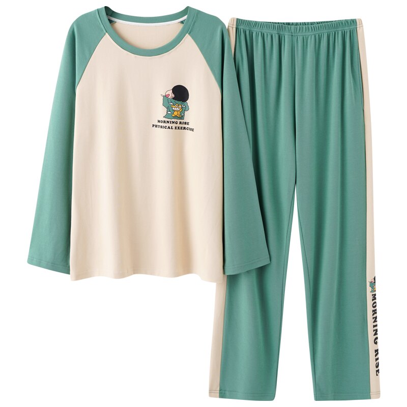 Coton bande dessinée hiver Couple pyjamas ensemble col rond décontracté vêtements de nuit à manches longues haut + pantalons longs vêtements de nuit amoureux Homewea