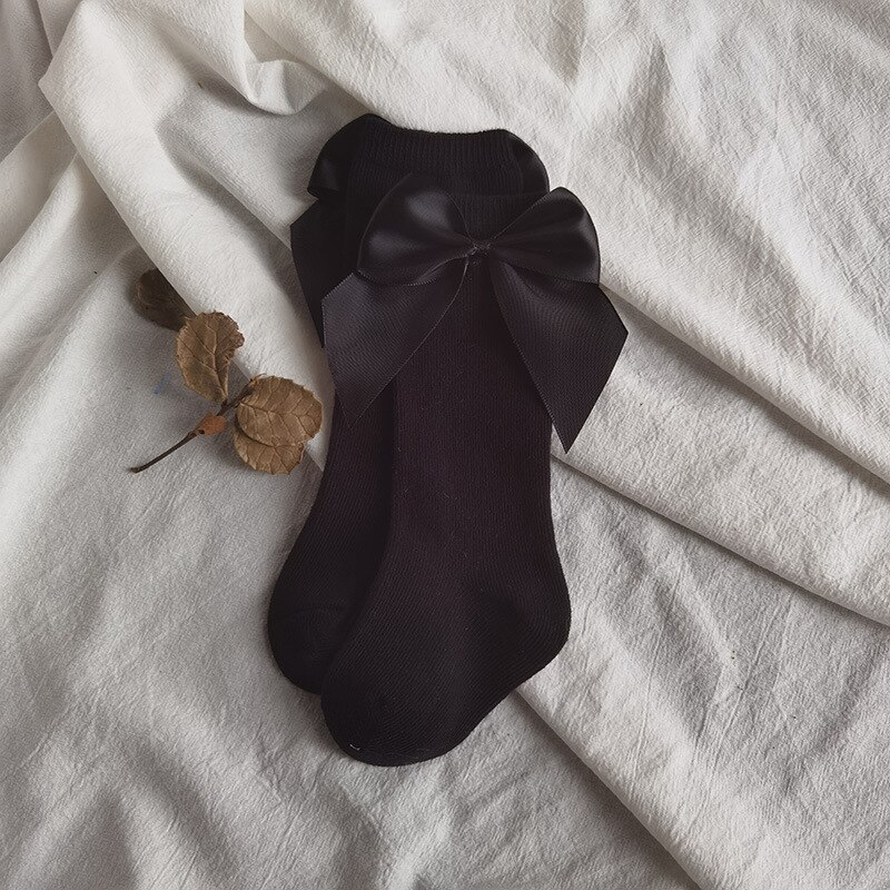 Wiosna nowa księżniczka dziewczyny skarpetki szeroka wstążka wzór kokardki skarpety robić kolan dla dziewczynek ubrania maluch podkolanówki dzieci meias: czarny / 12 to 24m