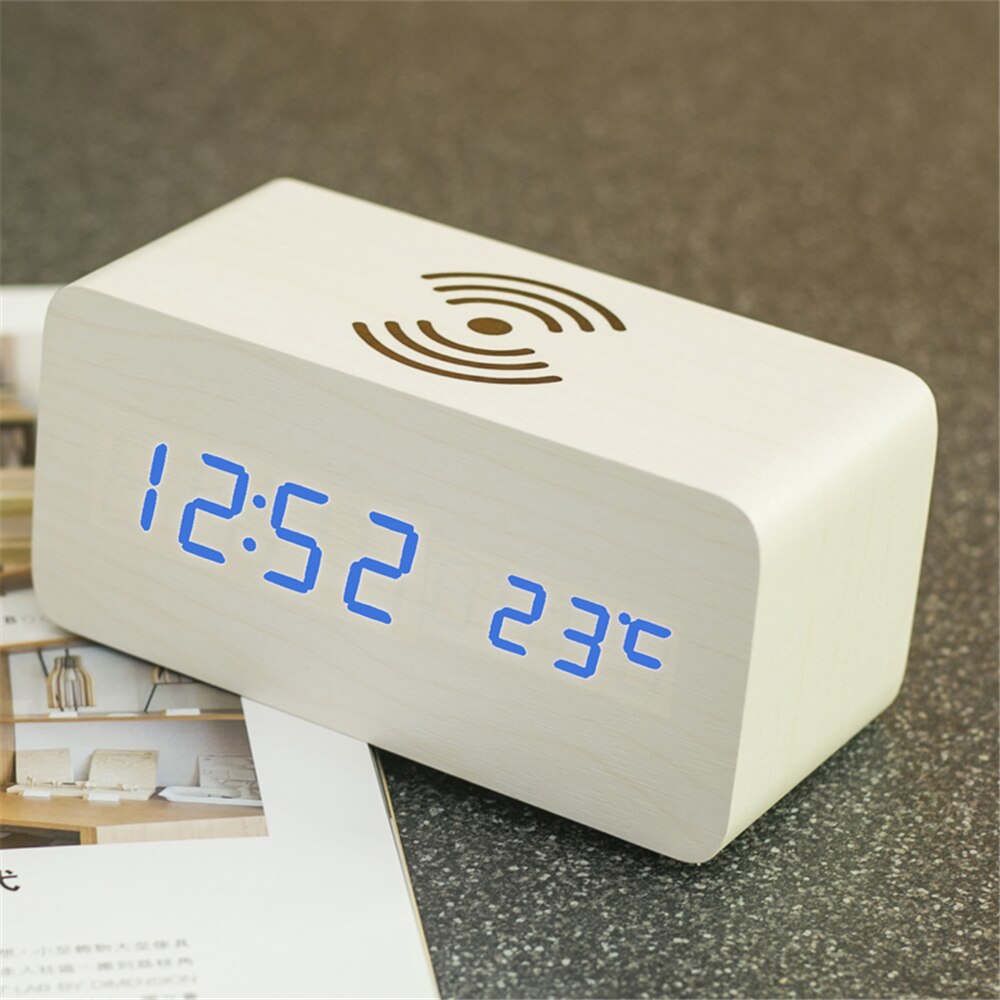 Holz Digital LED Wecker Mit QI Drahtlose Ladegerät Tisch Uhr Temperatur Luminova Kalender Schwarz Schreibtisch Uhren: Weiß Blau