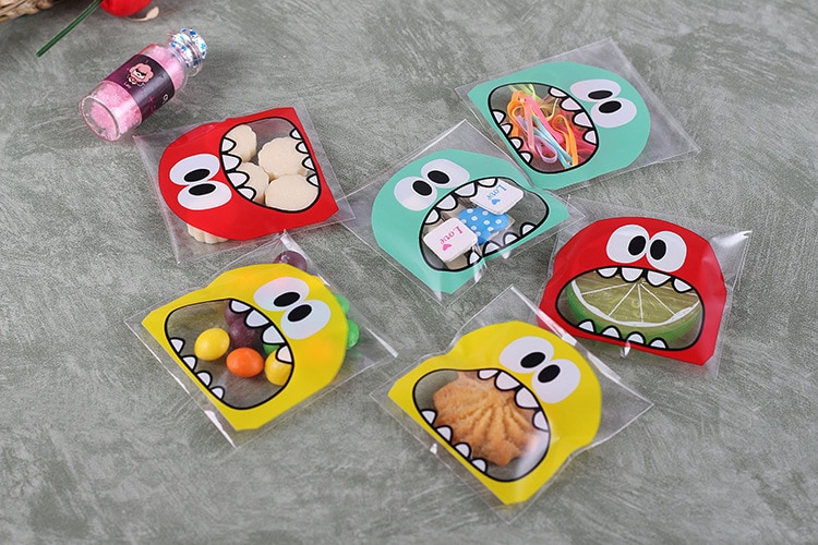 100 stks/partij 7*7 CM Leuke Foodie 3 Kleuren zelfklevende Plastic Zakken Voor Koekjes, koekjes party plastic zakken