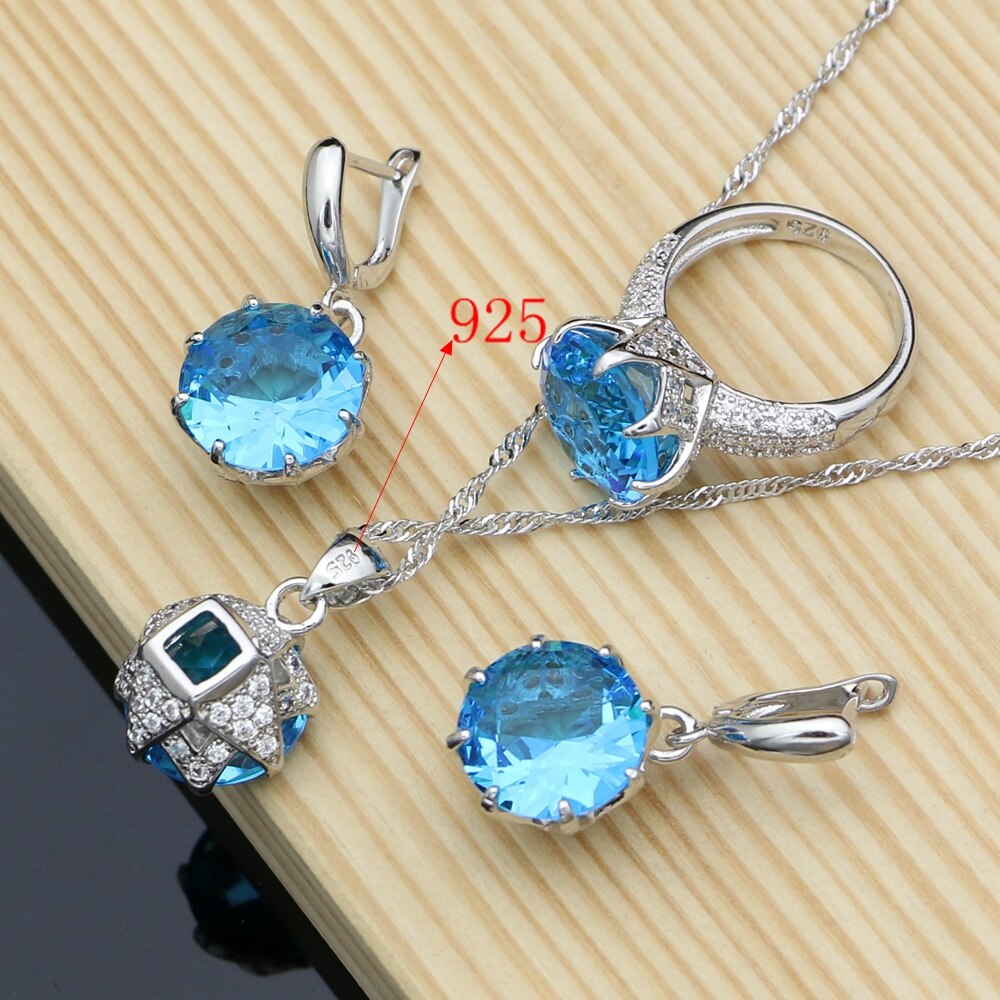 Blau Kristall Schmuck setzt Für Frauen 925 Silber Kostüm Schmuck Bausätze Ohrringe/Anhänger/Ringe/Armbinde/Halskette einstellen