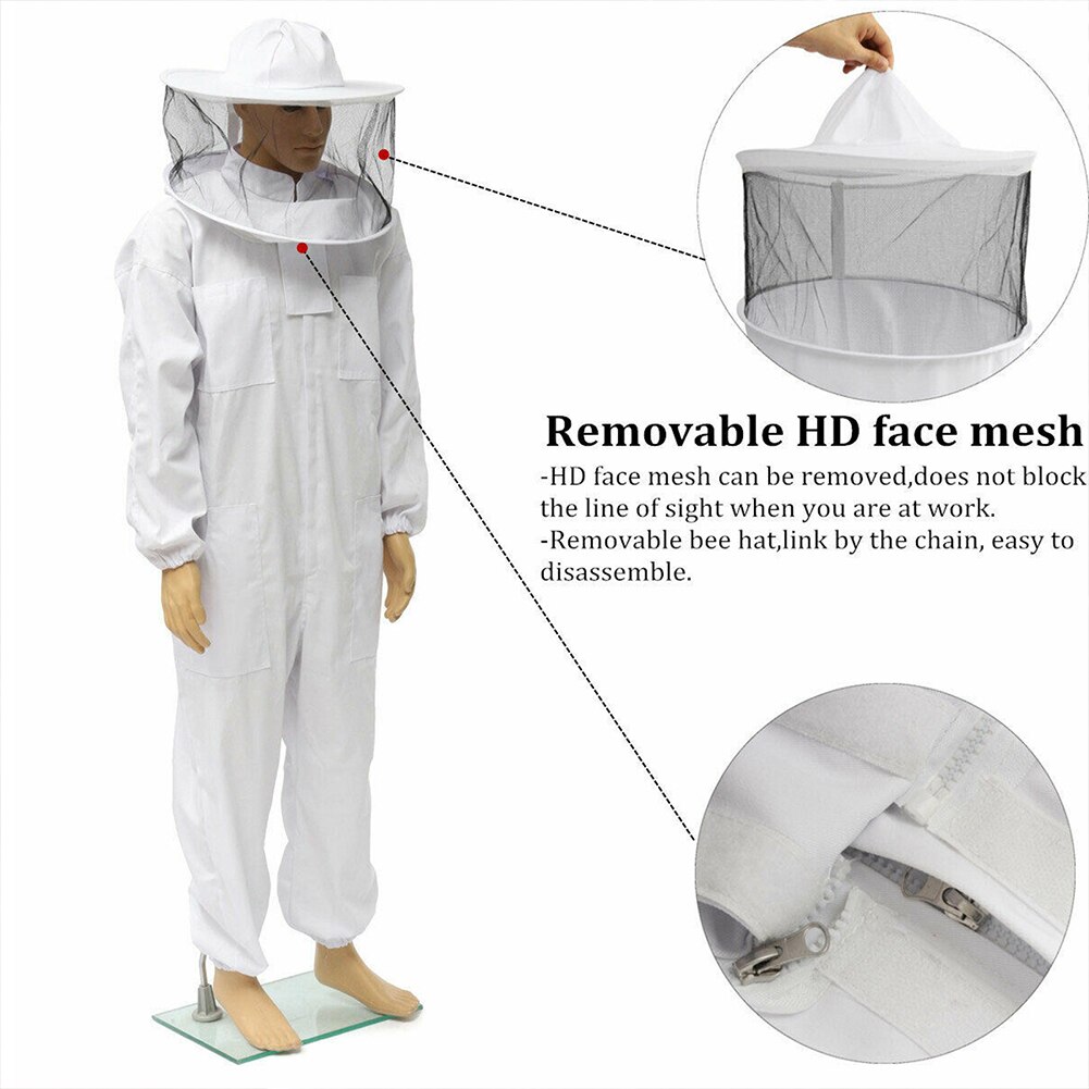 Outfit Schutz Kleidung Volle Körper Belüfteten Mit Schleier Haube Anti Biene Bienenzucht Anzug Imker Anfänger Berufs Reißverschluss: WHITE / L