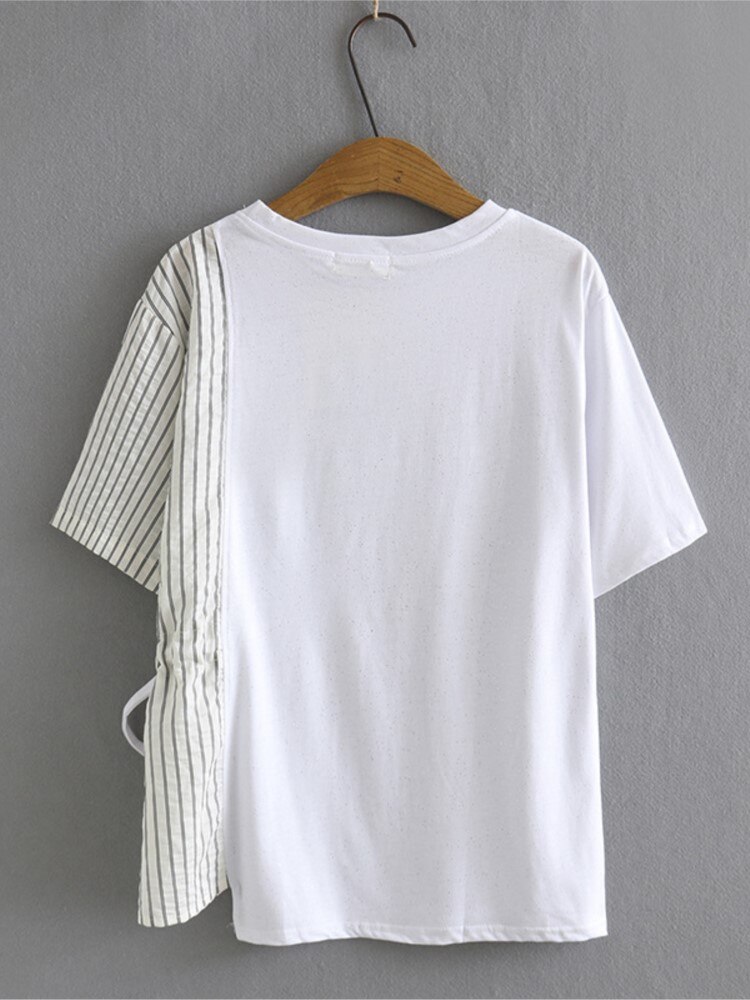 Plus Size Tops Vrouwen Kleding Femme T-shirt Gesplitst Gestreepte Trekkoord Zomer Korte Casual Korte Mouw Heldere Zijde Tees