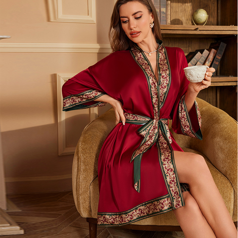 Seide Kunstseide V-Ausschnitt Kimono Kleid Kleid Frauen elegante kurze Bademantel Nachtwäsche Dame Party Salon tragen Nachthemd