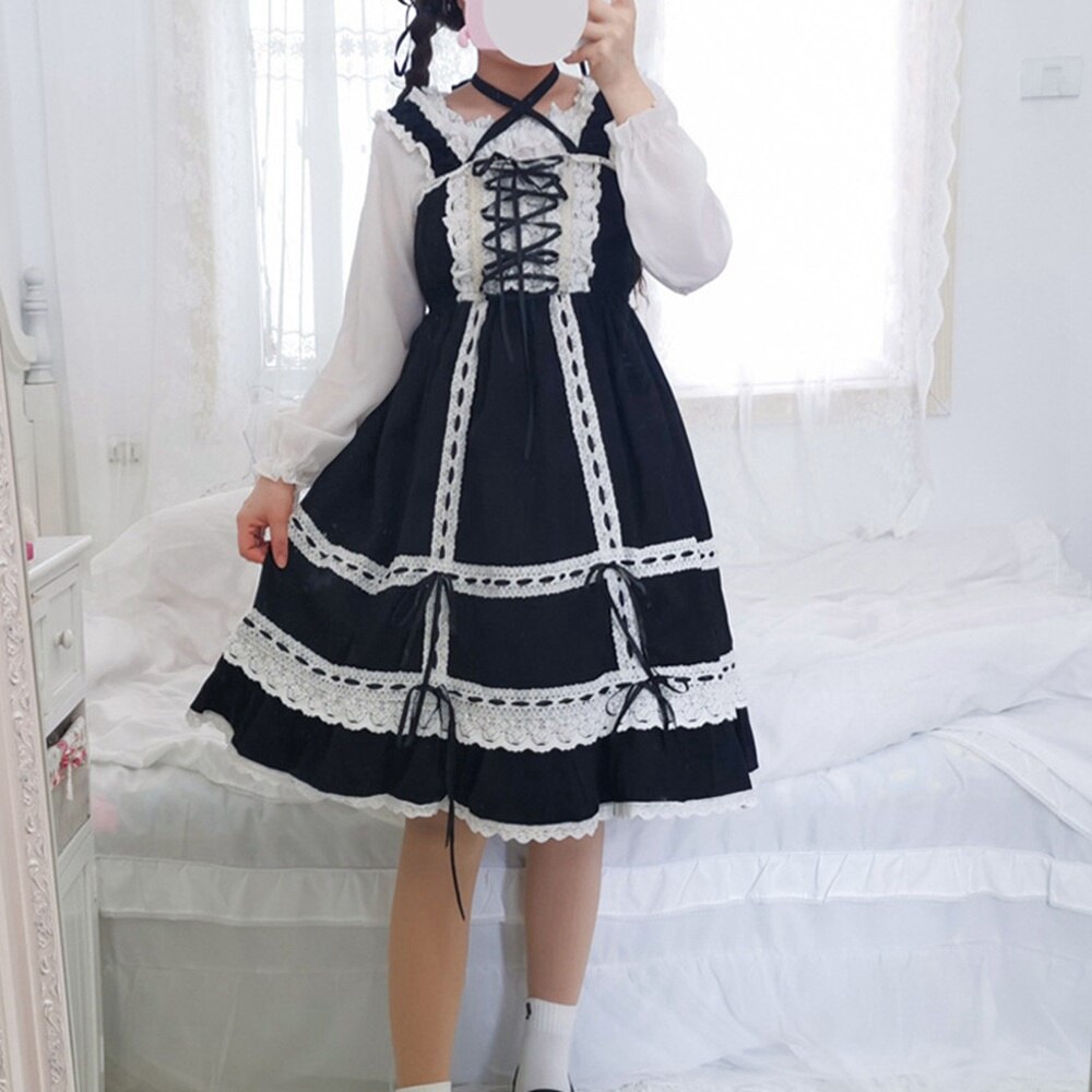 Lolita Princess Dress Sweet Ruffle JSK Dresses Lace UP Loli Straped Dress Kawaii Girl Women Vestidos With Headband AFC769