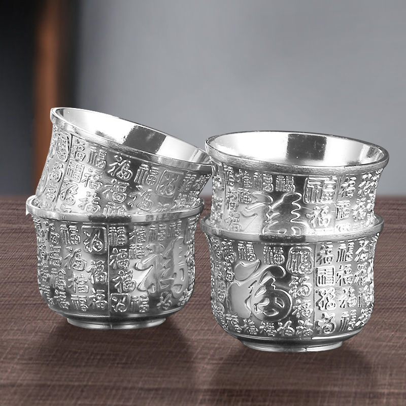 High-grade Silver Tea Set Hand-gilt Silver Teapot Baifu Suit Silver-plated Tea Wine Set Chinese Wine Glass