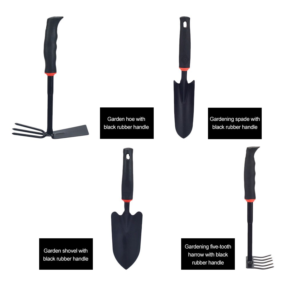 Gardening 5 Tooth Rake Two Use Hoe Shovel Black Rubber Handle Set Garden Flower Shovel Tool High Carbon Steel Ergonomic
