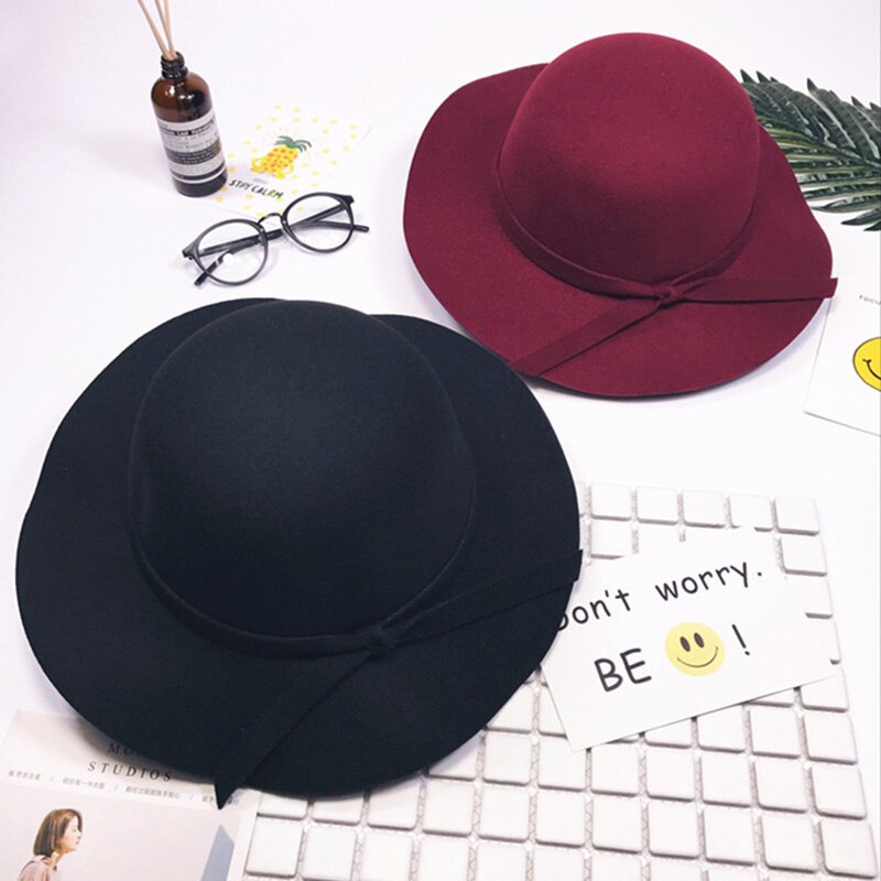 Meisje Herfst Lente Fedora Hoed Vintage Wolvilt Brede Rand Hoeden Kids Strik Floppy Zon Strand Cap
