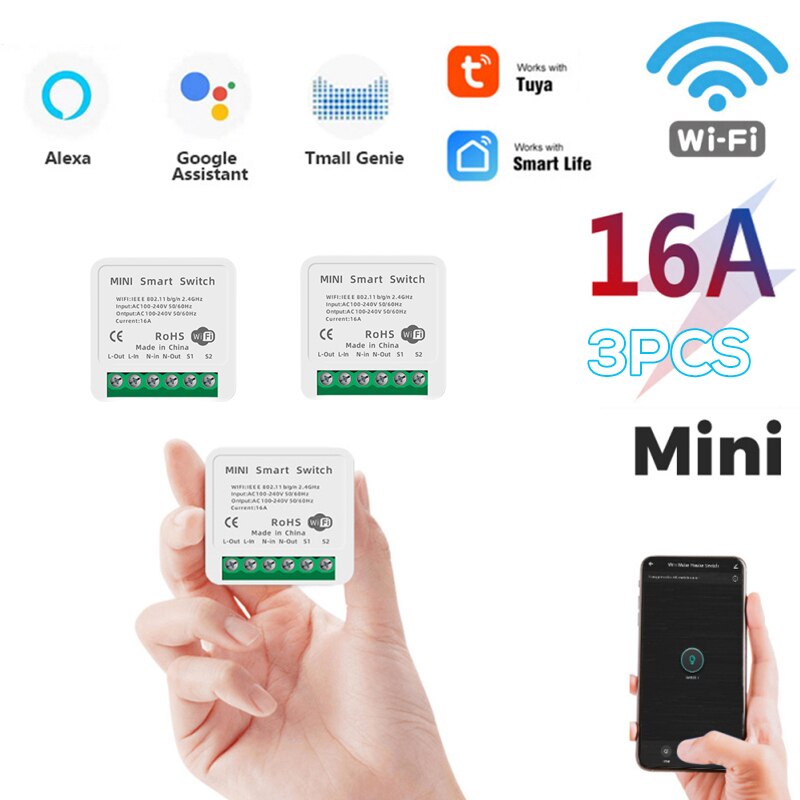 16A Mini Smart Wifi Diy Switch Ondersteunt 2 Manier Controle Smart Home Automation Module Werkt Met Alexa Google Thuis Smart leven App: 3pcs