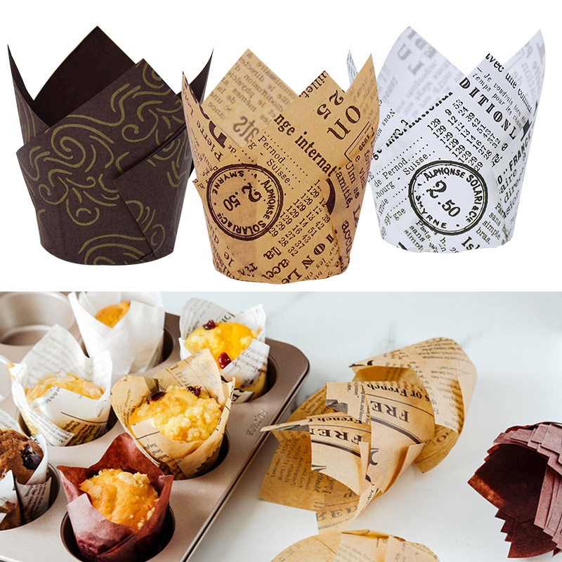 50 stk avisstil cupcake liner bagningskop til bryllupsfest caissettes tulipan muffin cupcake papir kop olietæt kageindpakning