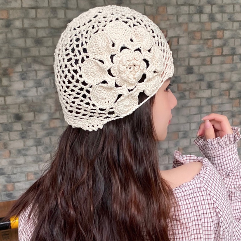 Bonnet à fleurs pour femmes, chapeau Vintage, tricot, Crochet, bonnet à fleurs pour femmes, rétro, pour printemps et été, HT3166