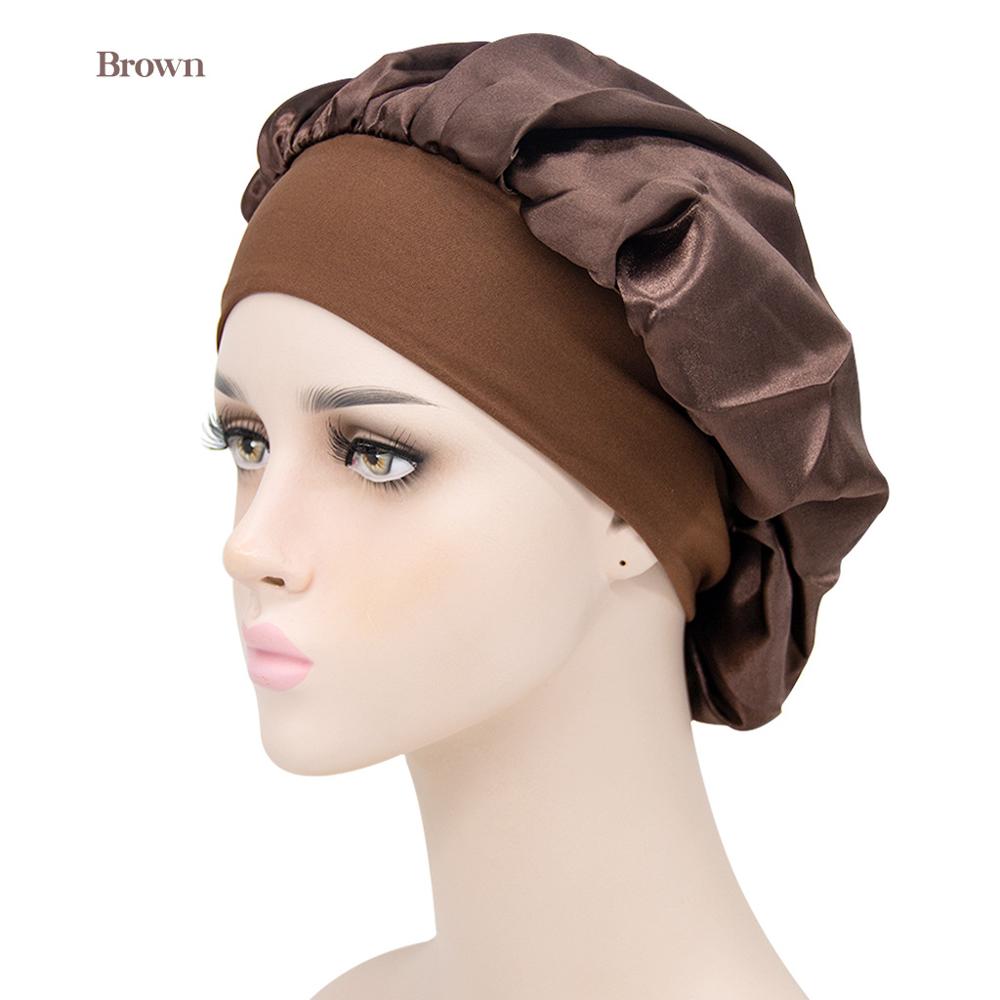 Gorro de descanso de ala ancha de satén para mujer, gorro de dormir para el cuidado del cabello, gorro de noche, Unisex, gorro de ducha, envoltura de cabeza de seda: brown