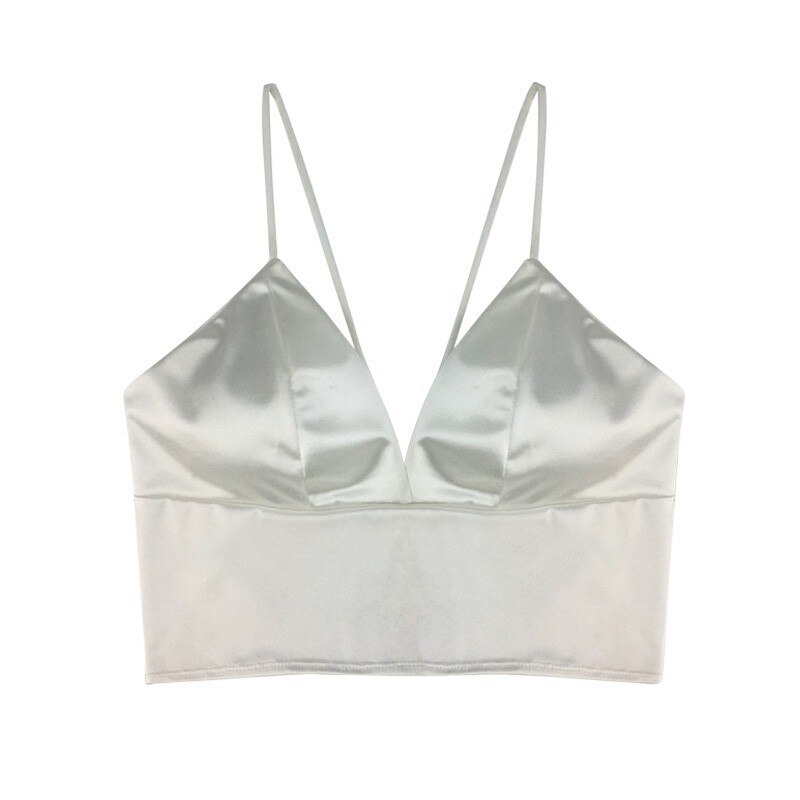 Tops cortos de satén Sexy para mujer, Bralette inalámbrico de ganchillo, Camiseta con tirantes finos para mujer, camiseta recortada con camisola acolchada en el pecho: W
