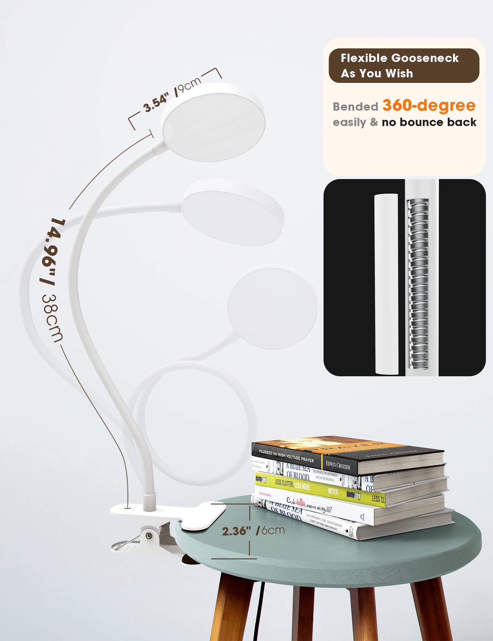 4,7-inch massieve kern cirkelvormig boeklicht USB oplaadbare leeslamp Warm koel wit daglicht Draagbaar flexibel: WHITE