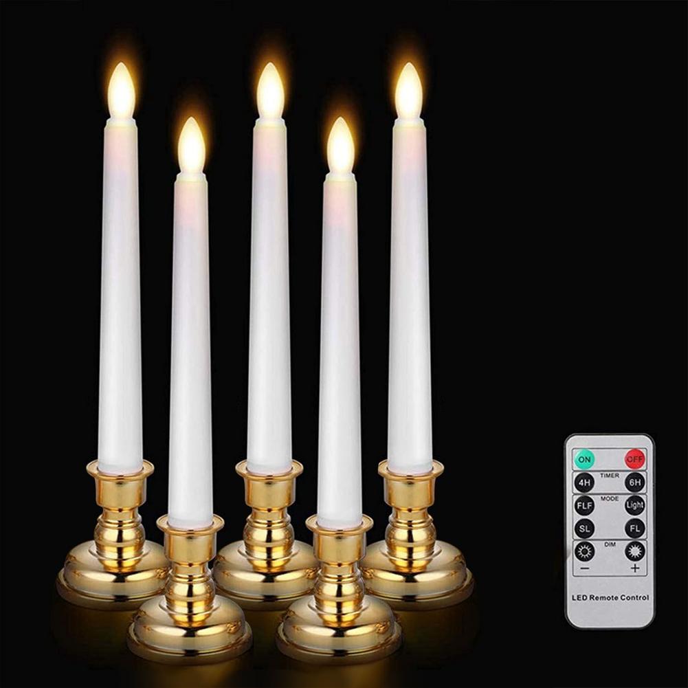 Pack Of 3 LED Candles Remote Control Light Flickering Remote LED Candles Remote Taper Candles With Gold Holders For Dinner