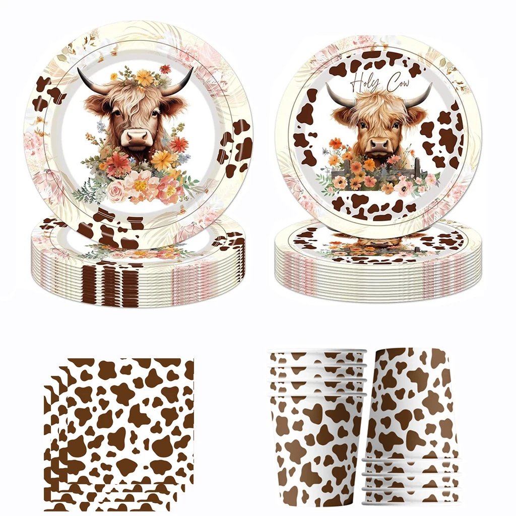 Engangsservise med høylandsfe-tema for 10 gjester, brun ku, papirtallerkener, servietter, kopper, happy holy cow, bursdagsfestdekorasjoner