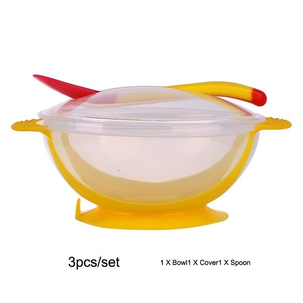 Baby Tableware Dinnerware Suction Bowl with Temperature Sensing Spoon baby food toddler boy girl dinner Feeding Bowls dishes: yellow cover spoon