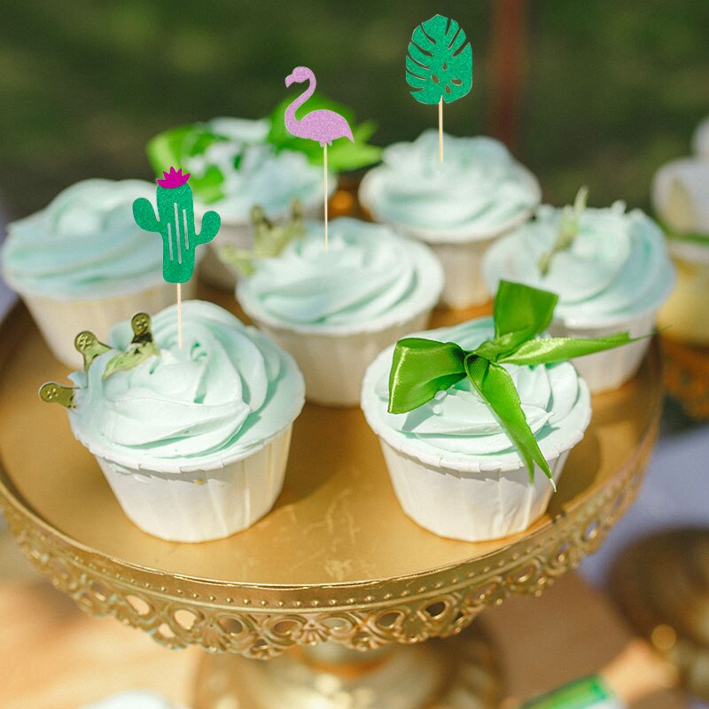 12Pc Summer Hawaii Theme Party Cup Cake Topper Flamingo Palm Leaves Pineapple Wedding Decoration Tropical Birthday Dessert Decor