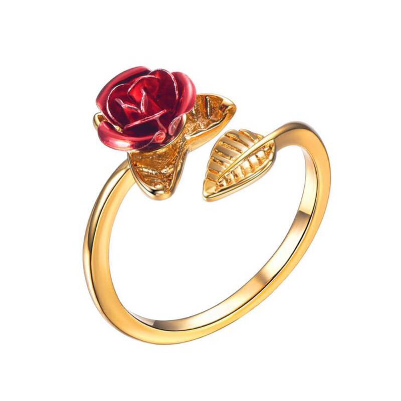 Frauen Ring Rote Rose Garten Blume Blätter Öffnen Ring Resizable Finger Ringe Für Frauen Valentinstag Schmuck: Golden