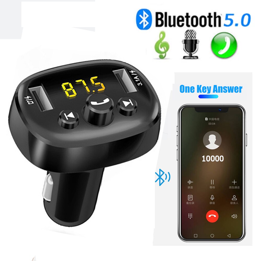 Bluetooth 5.0 Car Kit Handsfree Fm Modulator Wireless Audio Transmitter 3.1A Dual Fast Charger Support U Disk Car Music Player