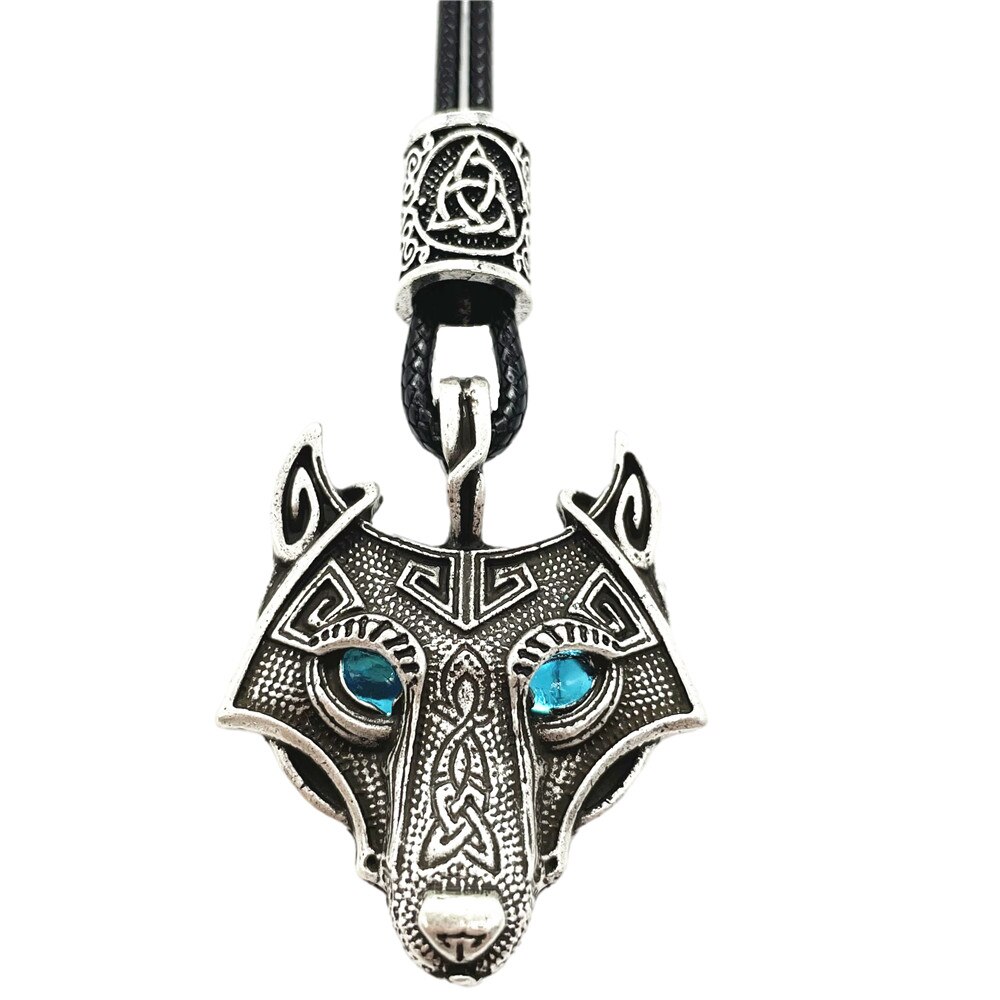 Wolf Hoofd Amulet Hanger Met Water Blauwe Ogen Noorse Runen Kralen Viking Ketting Pagan Talisman Jewlery Leveranciers: Trinity Silver