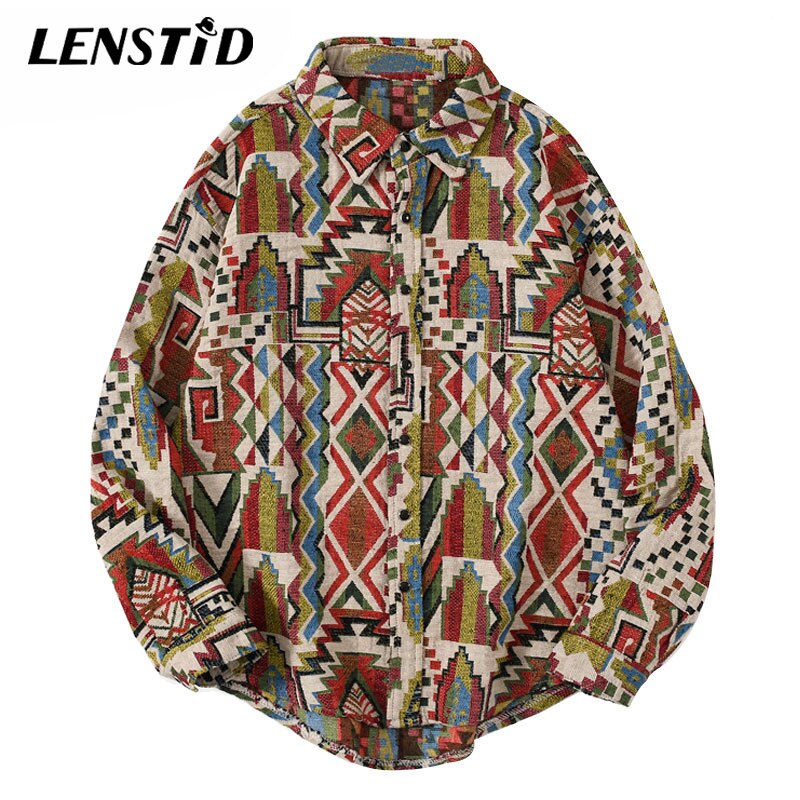 LENSTID Men Hip Hop Long Sleeve Knitted Shirt National Style Geometric Pattern Harajuku Streetwear Vintage Casual Loose Shirts