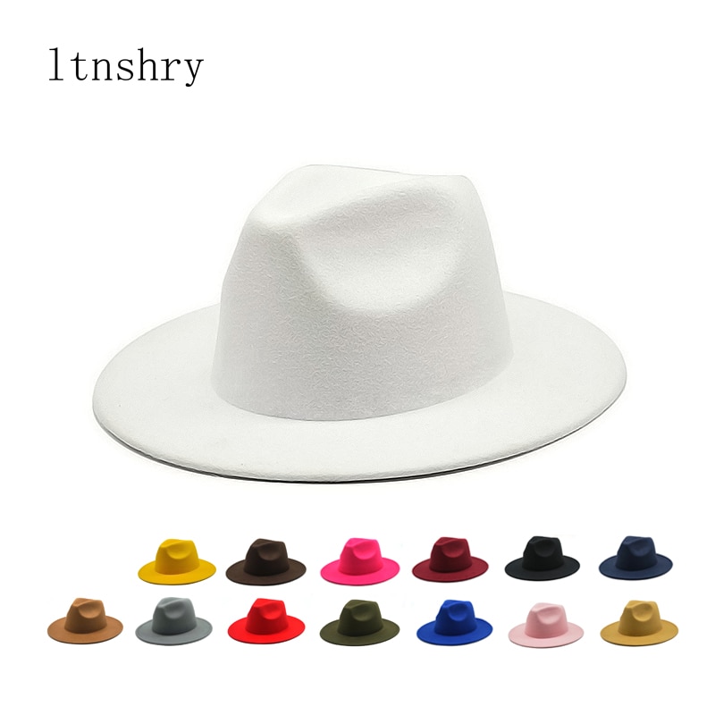 Høst vinter dame filthatt fedoras hatter med stor brem for kvinner britisk stil vintage kirkehatter dame flat brem hvit jazz cap