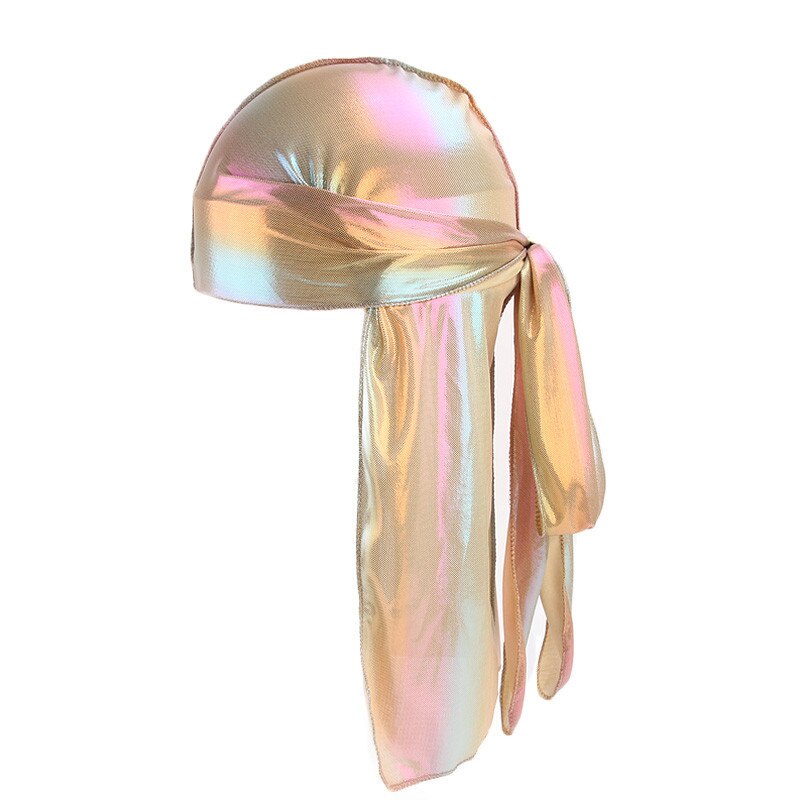 Durag Do Doo Du chiffon, casquette de randonnée respirante, Bandana en soie scintillante, couvre-chef à longue queue pour hommes et femmes, chapeau de Pirate Hip Hop: Gold