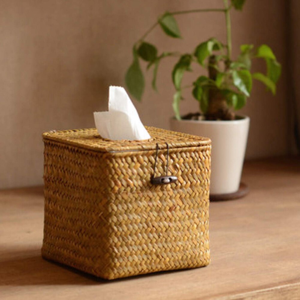 Vierkante Tissue Box Cover Tissue Houder Zeewier Hand Geweven Papier Handdoek Servet Dispenser Voor Thuis Restaurant