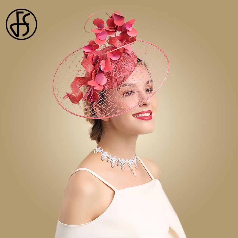 FS Womens Fascinators Red Derby Hat Flower For Lady Sinamay Church Hats Big Brim Fedoras Black Wedding Party Dress Hat