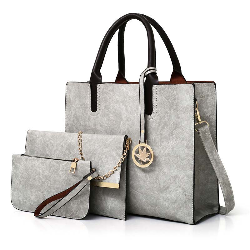 3 uds las mujeres bolsa de bolsa de bolso de cuero de poliuretano para mujer sólida bolsa de mensajero de color hombro cartera bolsas para las mujeres: Gris
