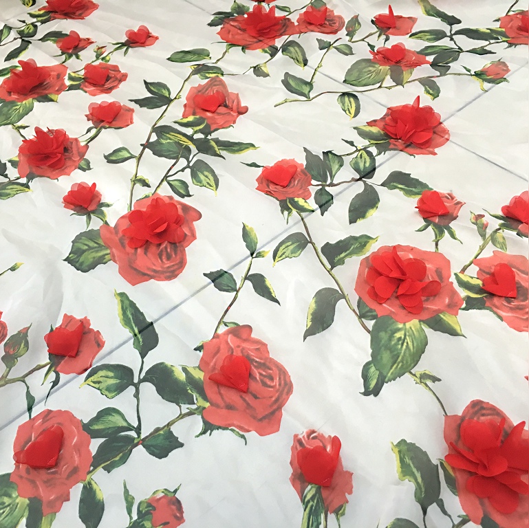 Mesh Chiffon lace fabric 3D flowers embroidery fabric Transparent mesh fabric for dress DIY patchwork: A