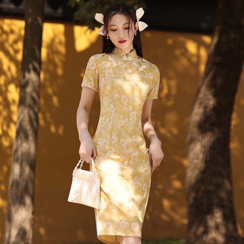 Chinese Traditionele Cheongsam Beige Mid Lange Jurk Handgemaakte Knop Bloemen Retro Elegante Vrouwen Qipao S Tot 2XL: Xxl