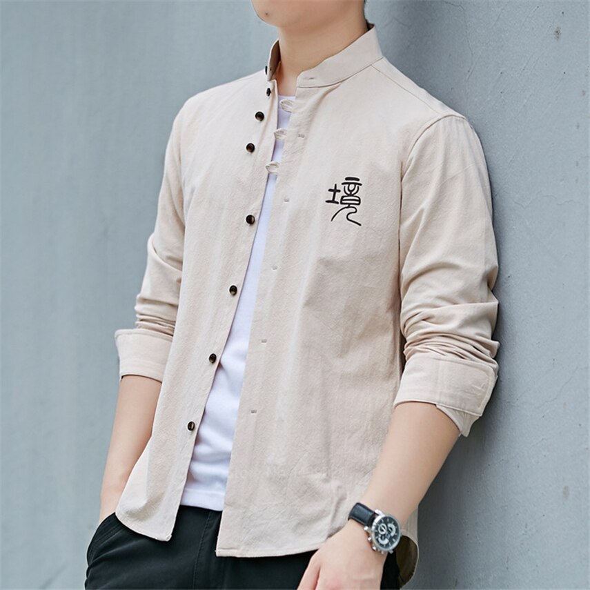 Retro Chinese Man Shirt Casual 100% Katoen Traditionele Tops Mannelijke Mandarijn Kraag Effen Kung Fu Kleding Tuniek Tang Pak