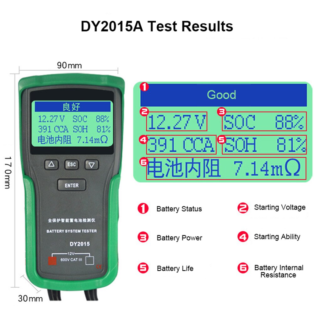 DY2015/DY2015A 12V-24VCar Battery Tester Tools Lead Acid CCA Load Battery Charge Test Digital Automotive Battery Capacity Tester
