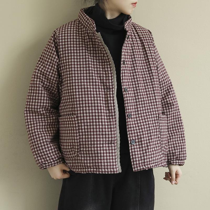 Johnature-Parkas Vintage a cuadros para mujer, Parkas con botones de mezcla de algodón, bolsillos de soporte, abrigos cálidos de cintura ancha para mujer: Rojo / XL