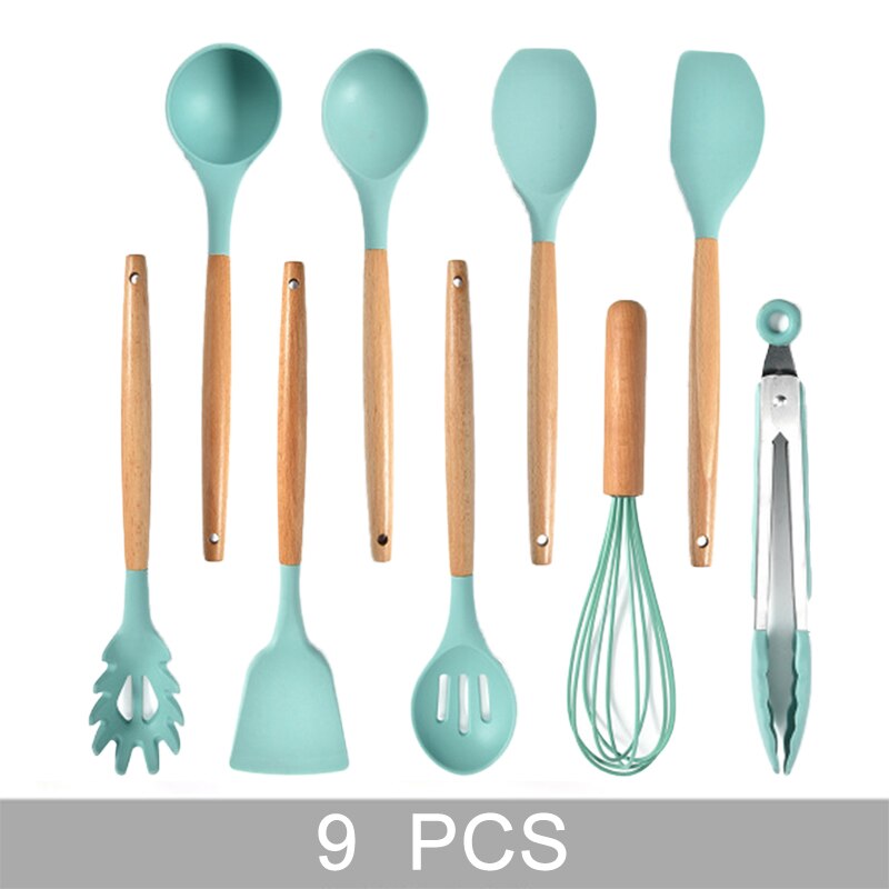Green Silicone Kitchen Utensils Set Heat Resistant Nonstick Baking Cooking Tools 2/3/4/5/6/7/8/9 PCS Kitchenware Accessories: 9 PCS