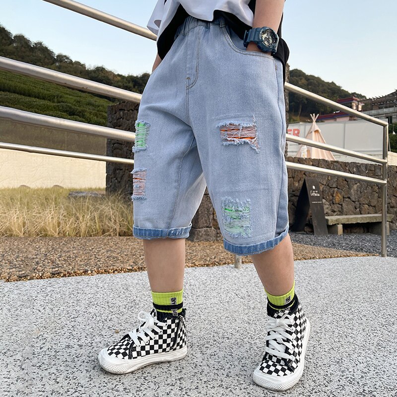 Pantalones cortos de mezclilla para niños, Jeans de para adolescentes de 5 a 14 años, con agujeros rotos, novedad de verano