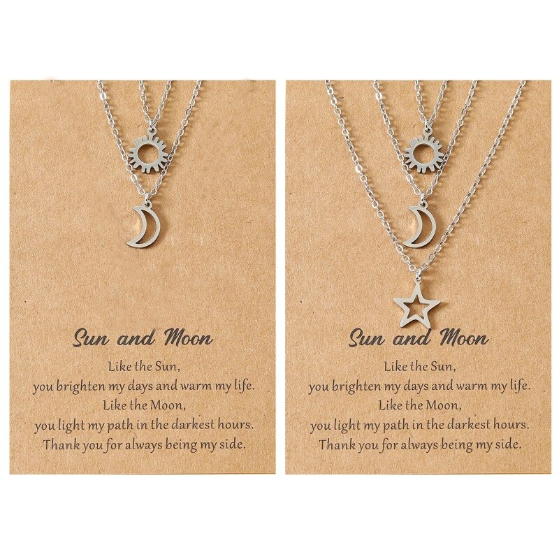 Trendy Stainless Steel Sun Moon Star Pendant Necklaces with Cardboard Cute Elegant Necklace Jewelry for Women Girls