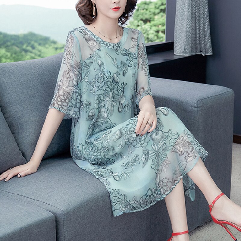 Vestido Midi veraniego de seda de mora para mujer, vestido veraniego de talla grande 4XL, informal, verde, Floral, ceñido, para , 2022