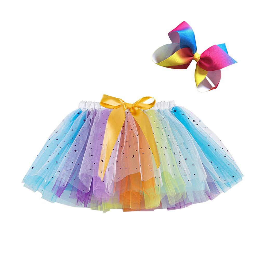 Baby Girls Rainbow Tutu Skirt Party Dance Ballet Splice Sequin Rainbow Tulle Kids Girls Mini Skirt Bow Hairpin falda de tul: Yellow  / L