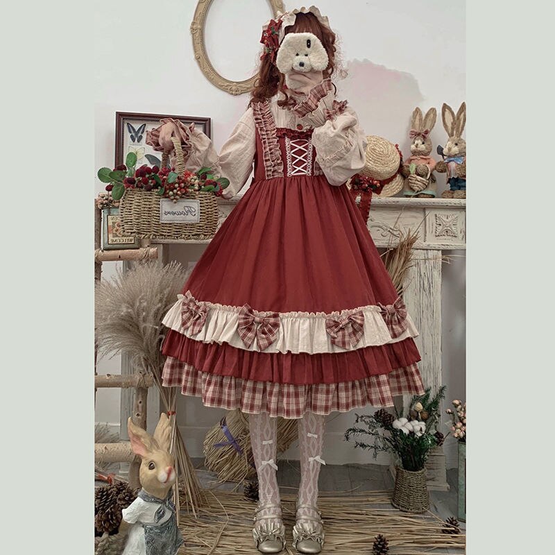 Japanse Harajuku Zoete Lolita Op Jurk Girly Leuke Berry Bos Strik Prinses Jurk Vrouwen Rode Hooded Mantel Tea Party Jurken