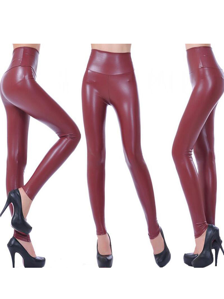 CHSDCSI Legging Sexy de cintura alta de piel sintética para mujer, pantalones pitillo negros, pantalones ajustados: S / Borgoña
