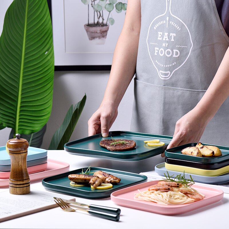 （8 Inch）Ceramic Sushi dish Square Steak Tray Nordic cutlery Baking Tray Plates For Food Fruit Salad Pasta