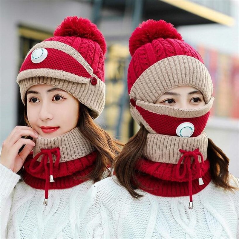 3 Pieces Set Women's Knitted Hat Scarf Caps Neck Warmer Winter Hat for Ladies Girls Skullies Beanies Warm Fleece Caps