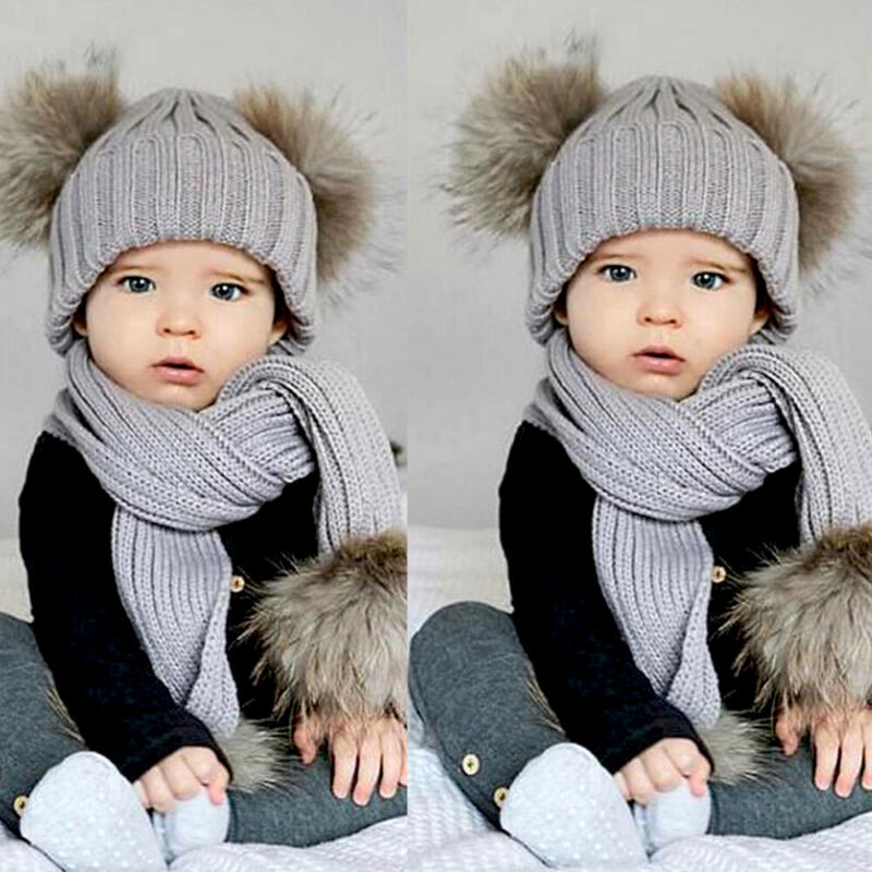 Toddler børn pige dreng baby spædbarn vinter hæklet strik hat beanie cap tørklæde sæt pom solid barn hatte