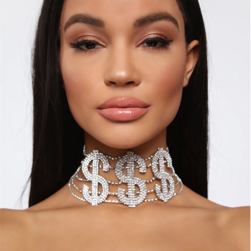 StoneFans Dichiarazione RICCO Soldi Segno Della Collana Del Rhinestone Choker per le Donne di Cristallo Grande Lettera Del Collare Del Choker Della Collana Dei Monili