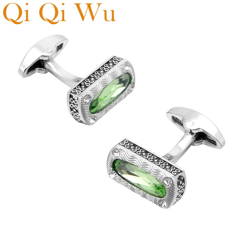 QiQiWu Retro Green Crystal Men Cufflinks Wedding Luxury Square Mens Shirt Cuff Buttons Silver Plated Cuff links Christmas