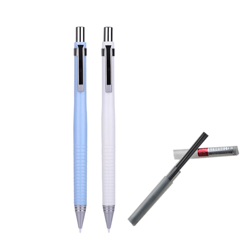 Models Auto Mechanical Pencil 0.7mm Cute Plastic Drafting Automatic Pencil For Kid School Supplies 2B Pencil Refill: 1blue-1white