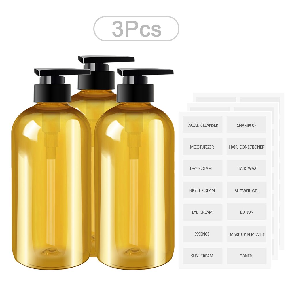 300/500ML Plastic Lotion Bottle PET Large Capacity Shampoo Bottle Soap Bottle Bathroom Refillable Bottle with Sticker: 3 Pcs Brown / 500ml